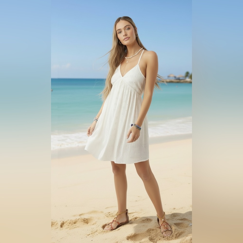 O'NEILL BLYTHE spaghetti strap mini eyelet lace Sun Dress  sz M. Soft white